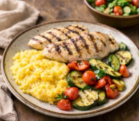 Piept de pui fript cu mămăligă Piept de pui fript cu mămăligă